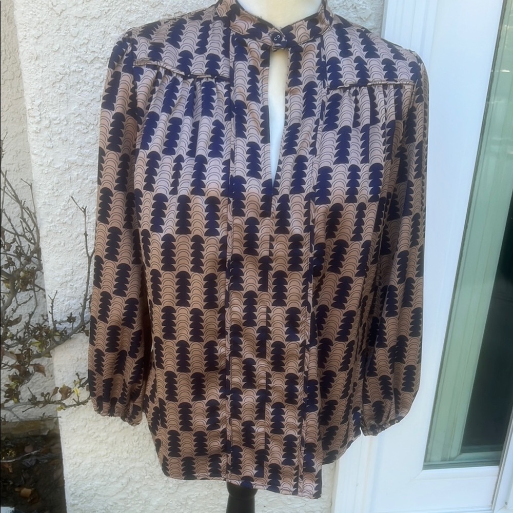 The Odells Blue & Tan Design Balloon Sleeve Women's Blouse Size XS